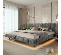 MODFU, cama doble de 180x200, cama juvenil con iluminación LED, cama tapizada con espacio de almacenamiento hidráulico, cama tipo "nube" de chenilla, sin colchón, color gris