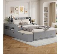MODFU Cama doble multifuncional de 140x200 con cabecero acolchado, cama juvenil con LED y puerto USB, cama combinada de madera maciza con dos cajones y un mueble auxiliar con espacio de almacenamiento