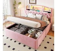 MODFU, cama doble tapizada de 140 x 200 cm, con somier y cabecero con luces LED. Estructura de cama metálica con espacio de almacenamiento hidráulico y puertos USB. Tapizada en terciopelo, sin colchón