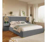 MODFU, cama doble tapizada de 180x200 cm, terciopelo. Cama multifuncional con cabecero LED y puertos USB. Estructura de cama para jóvenes con cajones para mesitas de noche. Color gris (sin colchón)