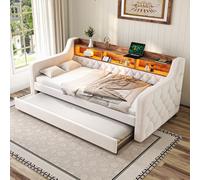 MODFU, cama individual con colchón de 90x190 cm, cama infantil con iluminación LED ambiental y puerto USB-C, estructura de cama con somier de láminas y cama adicional extraíble, estructura de metal y 