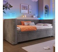 MODFU, cama individual de 90/180x200 cm, cama abatible / sofá cama con cama extraíble y somier de láminas, cama infantil con tira de luces LED y colchón, estructura de MDF, color gris