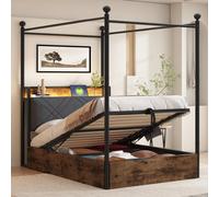 MODFU, cama individual de metal sin colchón, 90x190 cm, cama juvenil con espacio de almacenamiento abatible, cama de metal con dosel forjado y luces LED, con puertos USB/Tipo-C, color