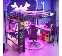 MODFU Cama individual para jóvenes, 140x200 cm, con iluminación LED y puerto USB. Estructura de cama con escritorio y espacio de almacenamiento. Cama literera con pared perforada. Incluye colchón. Col