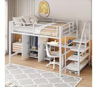 MODFU, cama individual para jóvenes, cama de metal de 140x200 cm con armario y escalera de almacenamiento, estructura de cama con mesa y barandilla, sin colchón, color blanco
