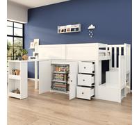 MODFU: Cama infantil, cama superpuesta, cama juvenil de 90x200 cm, cama infantil multifuncional con escritorio extraíble, armario y cajón, con escaleras y armario para escaleras, sin colchón, color bl