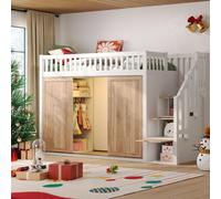 MODFU Cama infantil, cama superpuesta de 90x200, cama de madera para jóvenes con armario y armario para escaleras, cama infantil con iluminación inteligente, color blanco y roble – sin colchón
