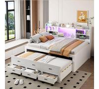 MODFU Cama infantil de 140x200, cama doble con cama extraíble y colchón, cama abatible con espacio de almacenamiento y función de cama, cama diurna con puertos USB y Type-C, color blanco