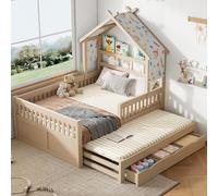 MODFU: Cama infantil de 140x200 cm con estructura de madera y 3 cajones, cama de matrimonio con barandillas de seguridad, diseño tipo cabaña, cama con litera abatible, incluye colchón, diseño natural