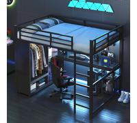 MODFU, cama infantil de 140x200 cm, estructura de metal con barandilla de rejilla y armario abierto. Cama juvenil con luces LED y estación de carga, escritorio y estanterías, color (sin colchón)