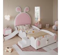MODFU, cama infantil de 90x200 cm, cama individual con escalones pequeños y tobogán, cabecero con forma de orejas de conejo, con listones de madera, color blanco y rosa (sin colchón)