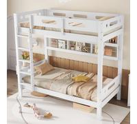 MODFU, cama infantil de 90x200 cm con estante abierto, incluye colchón, estructura de cama con amplio espacio de almacenamiento, cama juvenil de madera, color blanco, con barandilla de protección