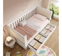 MODFU, cama infantil de 90x200 cm, con estructura de cama que incluye cajones, cama abatible con reposabrazos redondeados, madera, sin colchón, color blanco