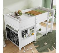 MODFU, cama infantil de 90x200 con 2 colchones y escalera, cama doble de madera con 2 paneles aptos para pintar y un pequeño estante, color blanco