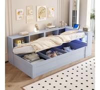 MODFU, cama infantil plegable de 90 x 200 cm con mecanismo hidráulico, cama infantil con cabecero con tiras de luces LED y cajón, cama con espacio de almacenamiento con doble compartimento, sin colchó