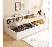 MODFU, cama infantil plegable de 90 x 200 cm con mecanismo hidráulico, cama infantil con cabecero con tiras de luces LED y cajón, cama con espacio de almacenamiento con doble compartimento, sin colchó