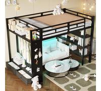 MODFU, cama juvenil de 140x200 cm con estanterías y armario abierto, cama superpuesta con iluminación LED, estructura de cama con panel perforado, sin colchón, color