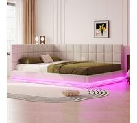 MODFU, cama moderna extensible de 160x200 sin colchón, cama de matrimonio/cama infantil con iluminación LED y puerto USB, con somier de láminas, color beige