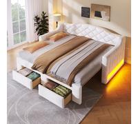 MODFU Cama nido para niños de 90/180 x 200 cm con espacio de almacenamiento y luces LED, cama individual tapizada con 2 cajones, ideal para habitaciones infantiles, sin colchón, color blanco