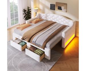 MODFU Cama nido para niños de 90/180 x 200 cm con espacio de almacenamiento y luces LED, cama individual tapizada con 2 cajones, ideal para habitaciones infantiles, sin colchón, color blanco