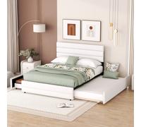 MODFU, cama plataforma tapizada de 140x200 cm con cama abatible de 90x190 cm, cabecero y somier, cama de matrimonio con 2 cajones, material de lino, color blanco (con colchón)