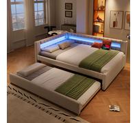 MODFU, cama plegable con colchón de 140x200, cama infantil con litera abatible y somier, cama diurna con iluminación LED, control mediante aplicación y cable, color beige