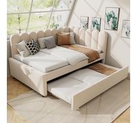 MODFU: Cama plegable con colchón de 140x200, diseño en forma de L, con función de cama adicional, estructura de cama tapizada con cama extraíble, cama diurna con respaldo estampado floral, color beige