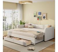 MODFU, cama plegable de 90x200, cama infantil con puerto USB, cama tapizada con cama extraíble, cama de matrimonio con 2 cajones, sin colchón, terciopelo, color beige