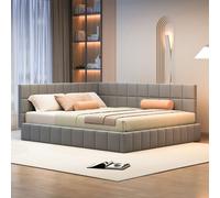 MODFU: Cama tapizada, cama abatible de 160x200 cm, cama para el día, cama multifuncional con estructura de somier de suave tejido de terciopelo, color gris, sin colchón