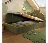 MODFU, cama tapizada, cama abatible de 90x200 con diseño de corona y celosía, cama infantil con espacio de almacenamiento (con sistema hidráulico), cama individual ideal para habitación infantil, sin 