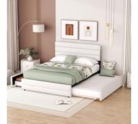 MODFU, cama tapizada de 140x200 cm con cama abatible de 90x190 cm, cabecero y somier de láminas. Cama de matrimonio con espacio de almacenamiento y 2 cajones. Tejido de lino, color blanco (sin colchón