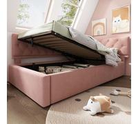 MODFU, cama tapizada de 90x190 con espacio de almacenamiento hidráulico, cama abatible con cabecero de metal, estructura de cama de madera con somier, sin colchón, color rosa