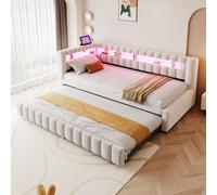 MODFU: Cama tapizada de 90x200 cm con iluminación LED, sin colchón, cama abatible con espacio de almacenamiento, cama de matrimonio con cargador USB, cama de madera con cajón, color beige