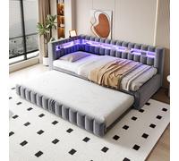 MODFU: Cama tapizada de 90x200 cm con iluminación LED, sin colchón, cama abatible con espacio de almacenamiento, cama de matrimonio con cargador USB, cama de madera con cajón, color gris