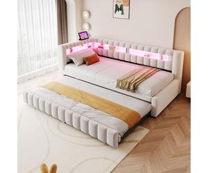 MODFU: Cama tapizada de 90x200 cm con iluminación LED, sin colchón, cama abatible con espacio de almacenamiento, cama de matrimonio con cargador USB, cama de madera con cajón, color beige