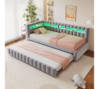 MODFU, cama tapizada de 90x200 con cama abatible, cama de matrimonio con LED y USB, cama con espacio de almacenamiento, cabecero y respaldo, sin colchón, color gris oscuro