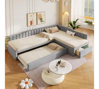 MODFU, cama tapizada de 90x200, diseño en forma de L, sofá cama con cama extraíble, chaise longue de terciopelo, cama juvenil con cajones, sin colchón, color gris