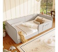 MODFU, cama tapizada de 90x200, tipo sofá cama, con funda de lino. Cama plataforma, cama infantil con marco de seguridad completo, sofá cama con bolsillos laterales, sin colchón, color beige