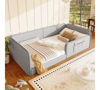 MODFU, cama tapizada de 90x200, tipo sofá cama, con funda de lino. Cama plataforma, cama infantil con marco de seguridad perimetral, sofá cama con bolsillos laterales, sin colchón, color gris