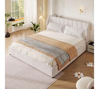 MODFU, cama tapizada de matrimonio de 180x200 con cubierta de terciopelo, plataforma cama tipo sofá cama con somier y cabecero acolchado, sofá cama, sin colchón, color beige