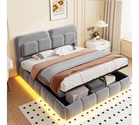 MODFU, cama tapizada de terciopelo, tamaño 160x200, cama doble con cajón, cama juvenil con LED y estructura de metal, cama con espacio de almacenamiento, cabecero cómodo y espacio de almacenamiento, s