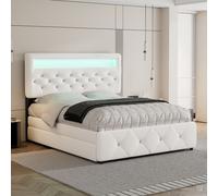 MODFU: Cama tapizada funcional de 140x200 cm con cama abatible de 90x190 cm, cama de matrimonio con iluminación LED y 2 cajones, fabricada en lino color beige (con colchón)