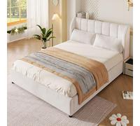 MODFU, cama tapizada para jóvenes, tamaño 140x200 cm, con cubierta de terciopelo. Cama plataforma, tipo sofá cama, con somier y cabecero acolchado. Sofá cama, sin colchón, color beige