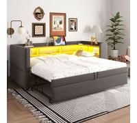 MODFU: Cama tapizada / sofá convertible de 90/180x190 cm con iluminación LED y cama extraíble. Cama infantil con múltiples compartimentos y cajones. Sin colchón. Color gris oscuro