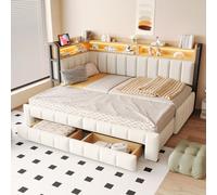 MODFU, cama tapizada tipo sofá cama, tamaño 90/180x200 cm, con cajones, cama juvenil convertible en cama doble, con iluminación LED, estructura de terciopelo, color beige (sin colchón)