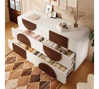 MODFU: Cómoda blanca, aparador con 6 cajones y tiradores de madera marrón oscuro, vitrina, mueble de almacenamiento con cajones deslizantes y sistema antirrobo