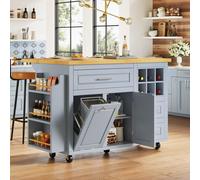 MODFU: Isla de cocina/carrito de cocina con cajones multifuncionales y un estante extraíble para botellas de vino, armario tipo buffet con espacio para un cubo de basura, ideal para la cocina o el com