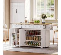 MODFU: Isla de cocina con armarios, encimera abatible y 6 ruedas, armario de cocina con estante, aparador con 2 cajones, color blanco
