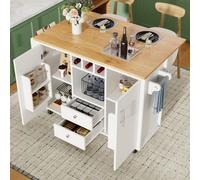 MODFU: Isla de cocina con estantes ajustables, armario de cocina con soporte para toallas, especiero, estante para puertas y botellero, armario de almacenamiento con ruedas y superficie de trabajo aba
