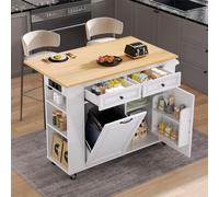 MODFU Isla de cocina multifuncional, armario de cocina con ruedas y compartimento para residuos, carro de servicio extensible con soporte para toallas y regletas de enchufes, color blanco